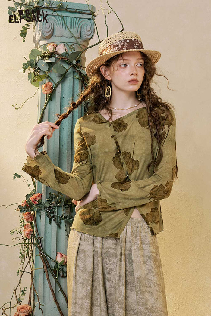 ELFSACK Asymmetrical Floral Long Sleeve Top