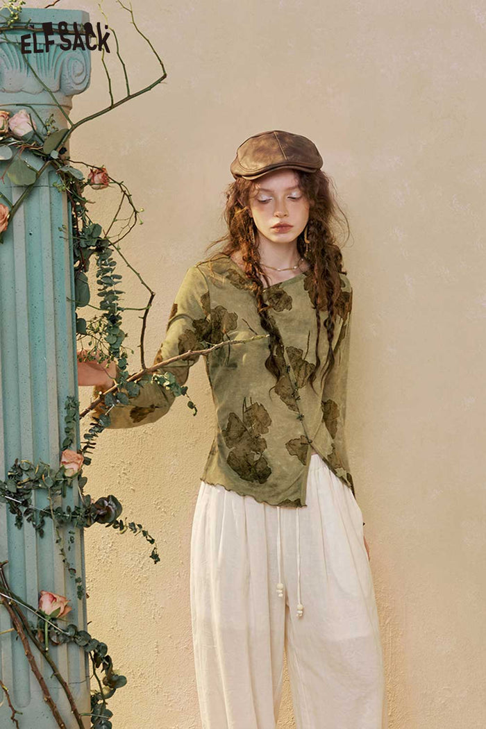 ELFSACK Asymmetrical Floral Long Sleeve Top