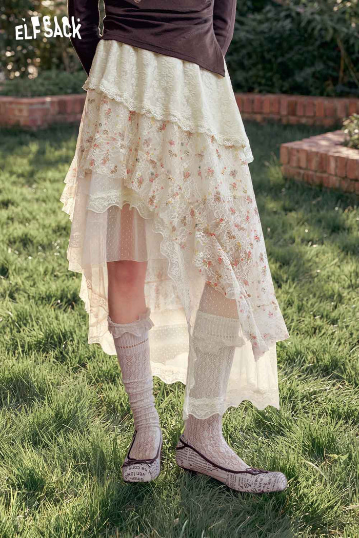 Asymmetrical Lace Floral Midi Skirt