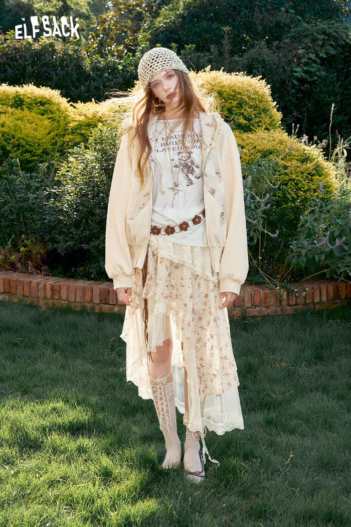 Asymmetrical Lace Floral Midi Skirt