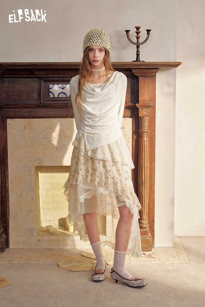 Asymmetrical Lace Floral Midi Skirt