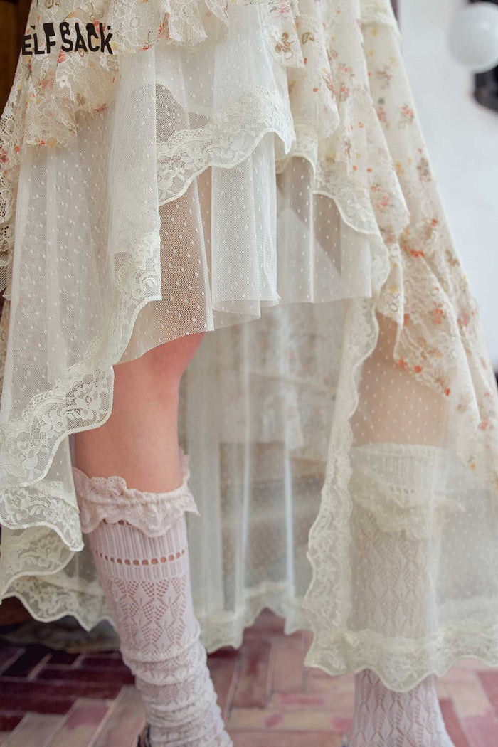 Asymmetrical Lace Floral Midi Skirt