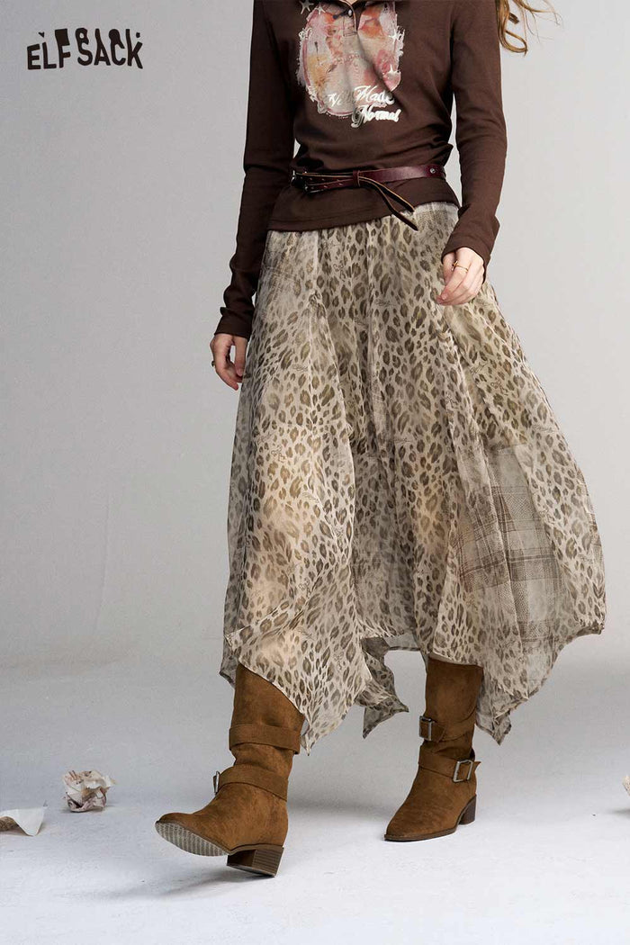 Asymmetrical Leopard Print Midi Skirt