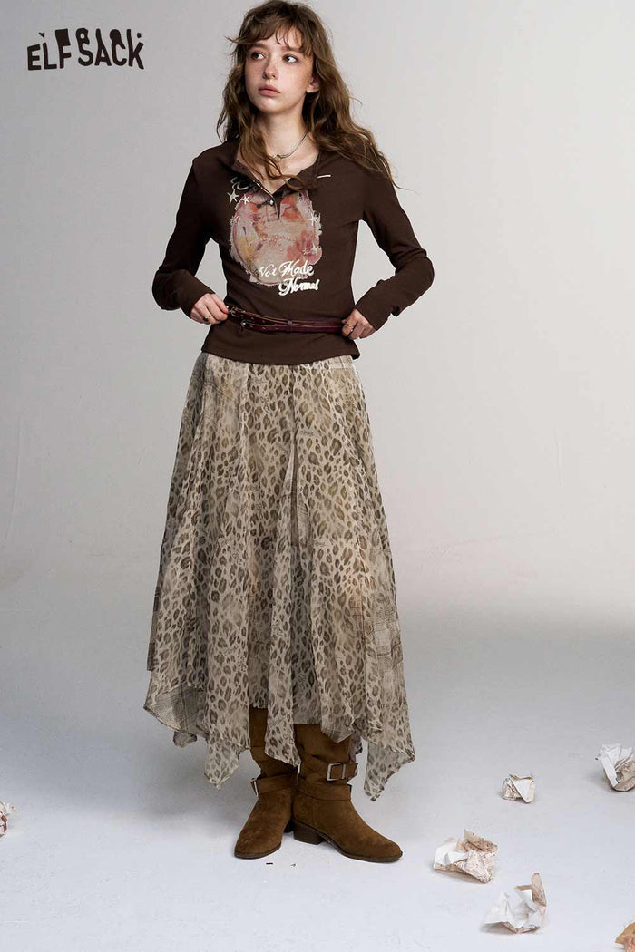 Asymmetrical Leopard Print Midi Skirt