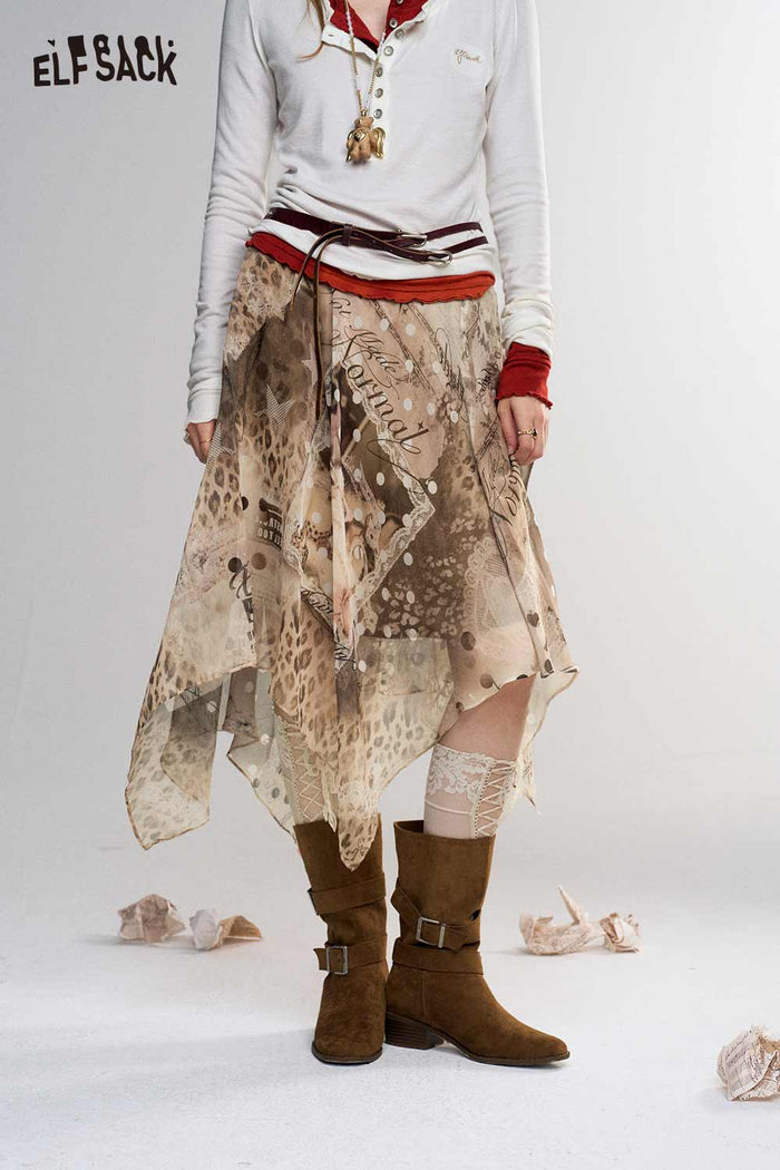Asymmetrical Midi Skirt Mixed Print