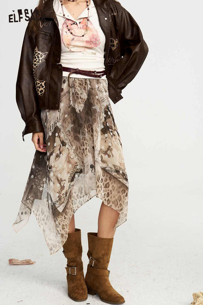 Asymmetrical Midi Skirt Mixed Print