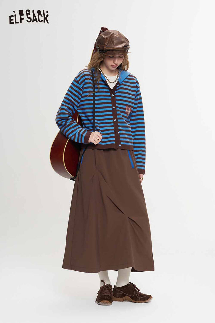 Asymmetrical Midi Skirt with Twisted Hem Drawstring Waist Zip Pockets
