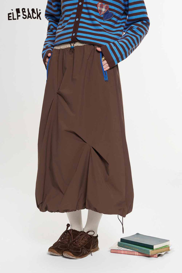 Asymmetrical Midi Skirt with Twisted Hem Drawstring Waist Zip Pockets