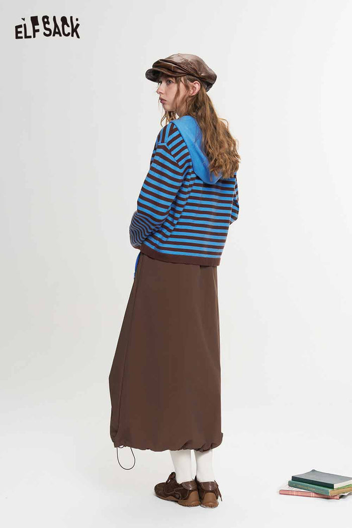 Asymmetrical Midi Skirt with Twisted Hem Drawstring Waist Zip Pockets