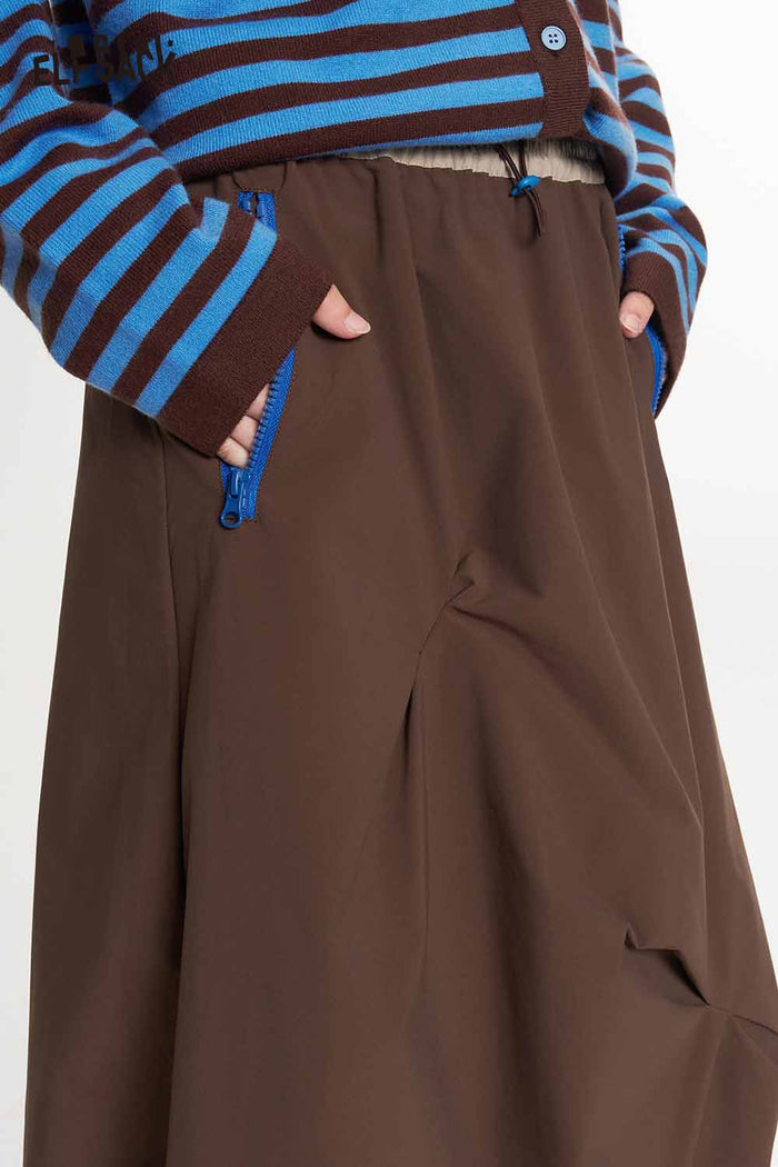 Asymmetrical Midi Skirt with Twisted Hem Drawstring Waist Zip Pockets