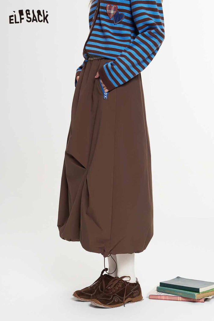 Asymmetrical Midi Skirt with Twisted Hem Drawstring Waist Zip Pockets