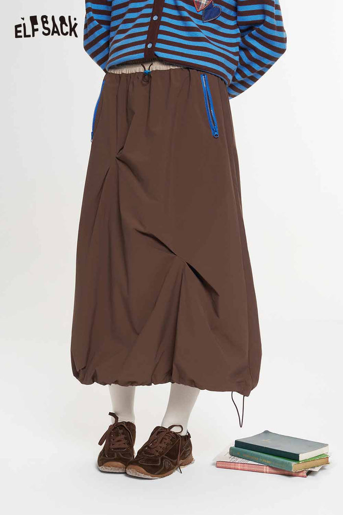Asymmetrical Midi Skirt with Twisted Hem Drawstring Waist Zip Pockets