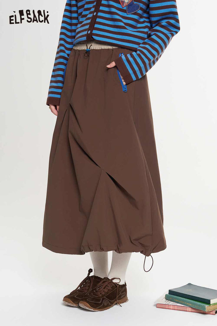 Asymmetrical Midi Skirt with Twisted Hem Drawstring Waist Zip Pockets