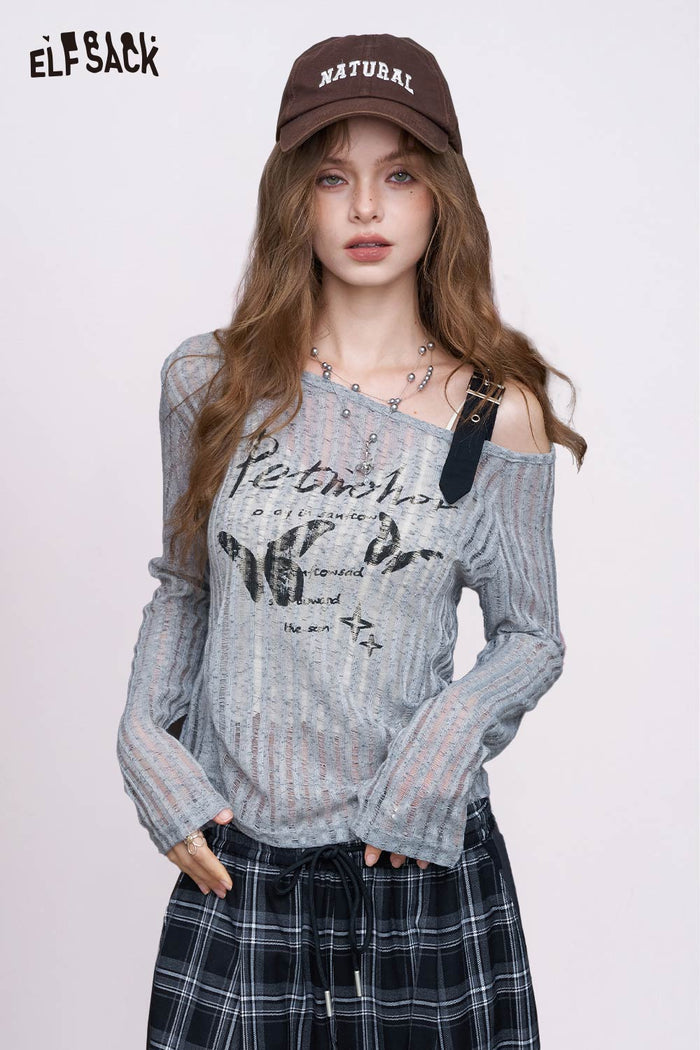 Asymmetrical Off Shoulder Butterfly Graphic Top