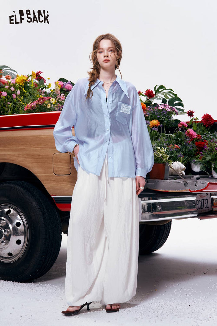 ELFSACK Back Lace-Up Bow Tie Oversized Shirt