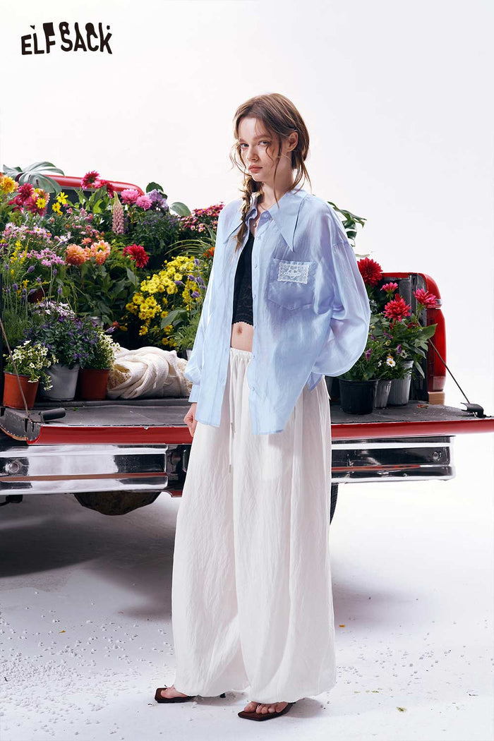 ELFSACK Back Lace-Up Bow Tie Oversized Shirt