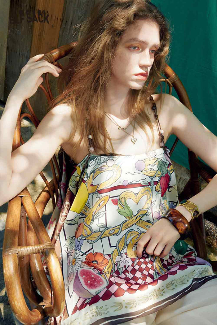 ELFSACK Bead Strap Fruit Floral Asymmetric Cami