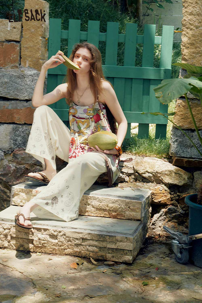 ELFSACK Bead Strap Fruit Floral Asymmetric Cami