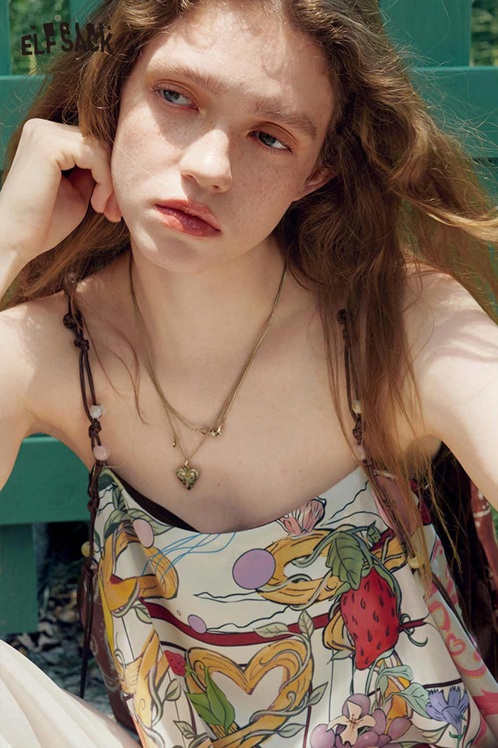 ELFSACK Bead Strap Fruit Floral Asymmetric Cami