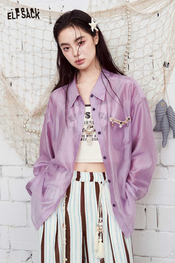 ELFSACK Beaded Detail Loose-Fit Button-Up Shirt