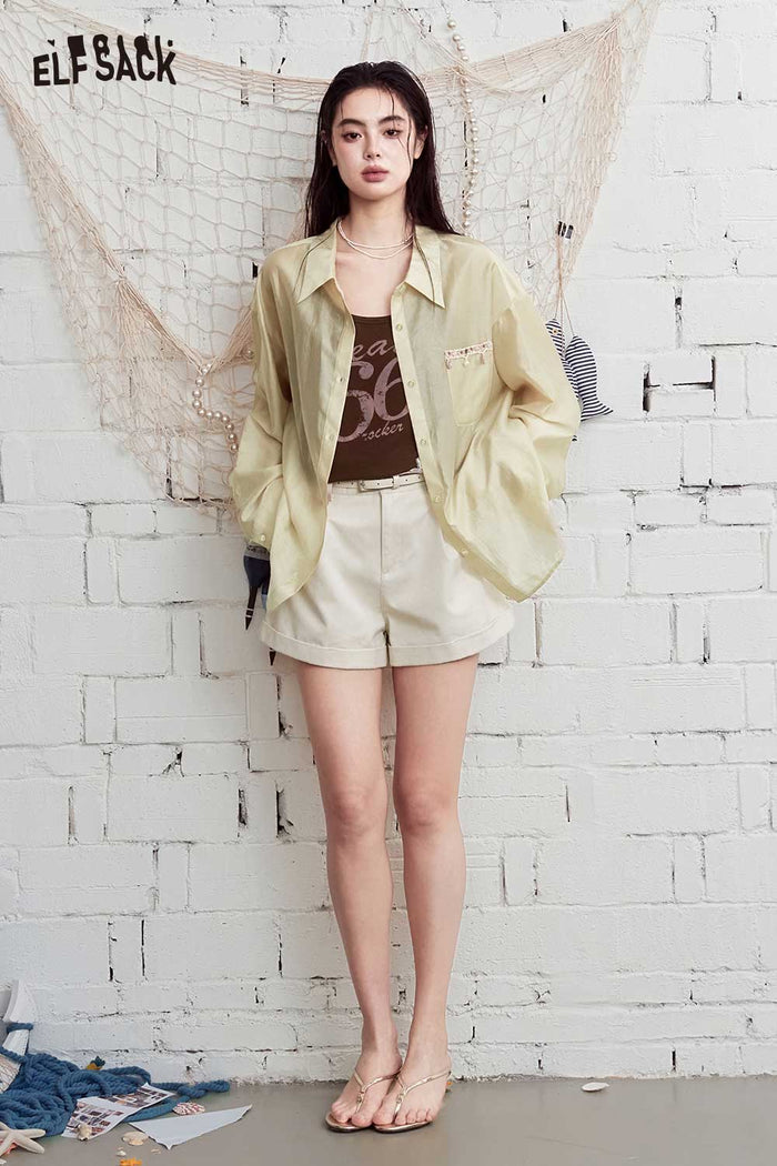 ELFSACK Beaded Detail Loose-Fit Button-Up Shirt