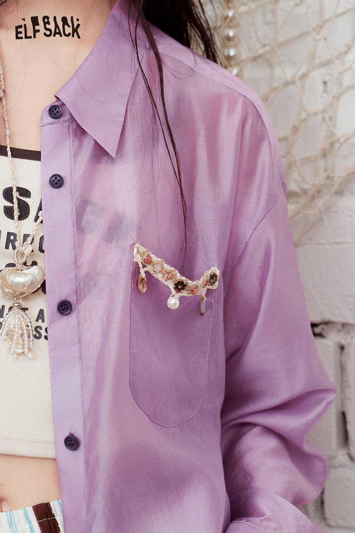 ELFSACK Beaded Detail Loose-Fit Button-Up Shirt