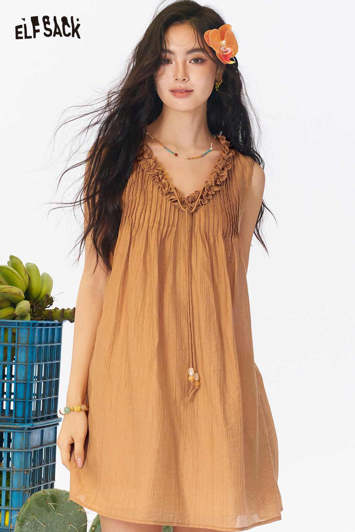 ELFSACK Beaded Lace Ruffle Neck Midi Dress