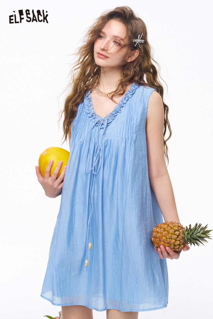 ELFSACK Beaded Lace Ruffle Neck Midi Dress