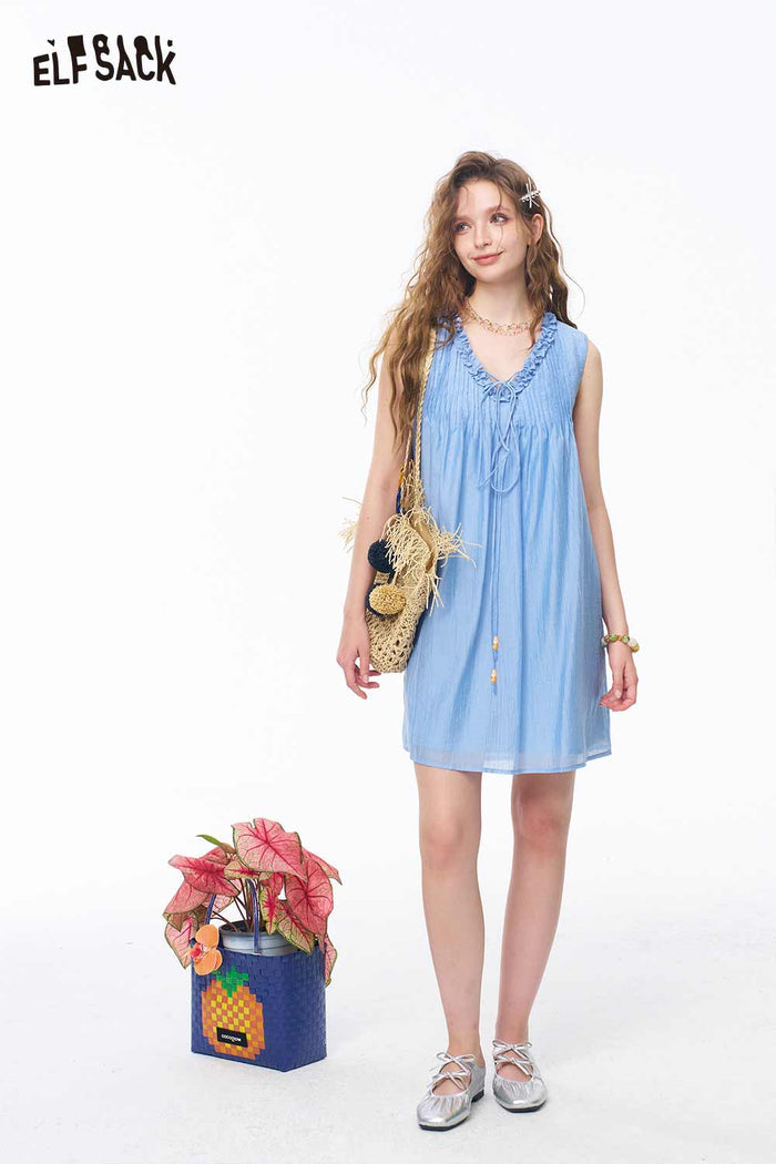 ELFSACK Beaded Lace Ruffle Neck Midi Dress