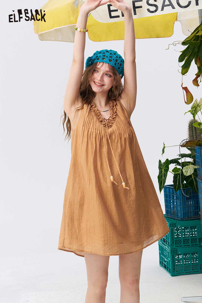 ELFSACK Beaded Lace Ruffle Neck Midi Dress
