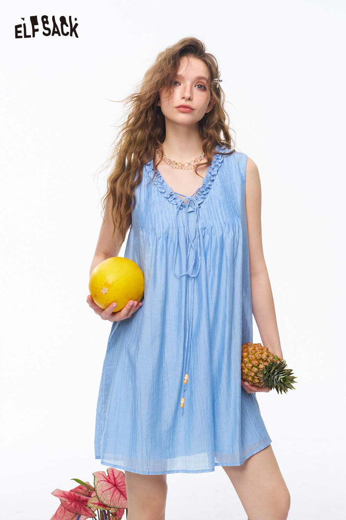 ELFSACK Beaded Lace Ruffle Neck Midi Dress