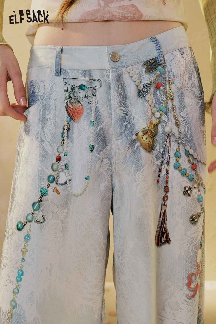 ELFSACK Beaded Print High Waist Wide Leg Jeans