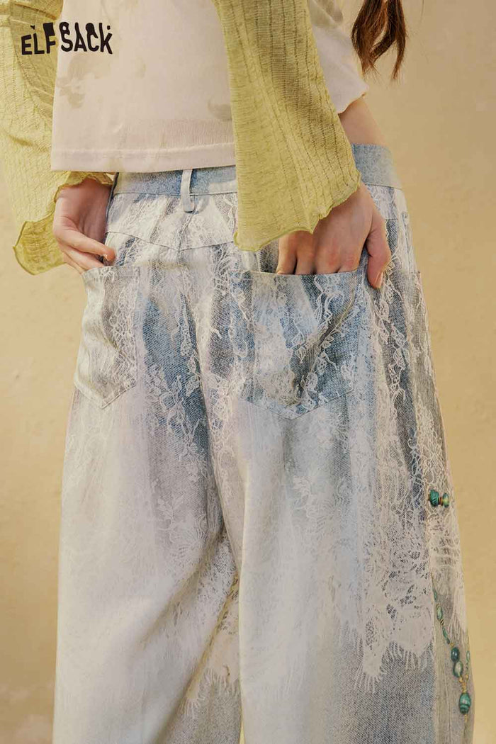 ELFSACK Beaded Print High Waist Wide Leg Jeans