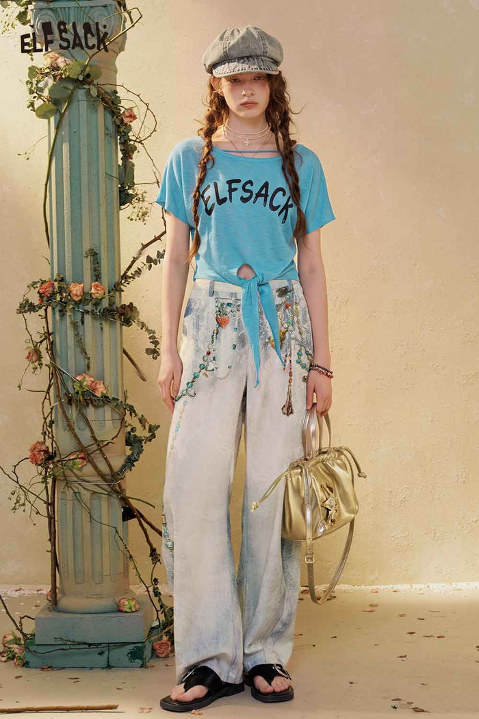 ELFSACK Beaded Print High Waist Wide Leg Jeans