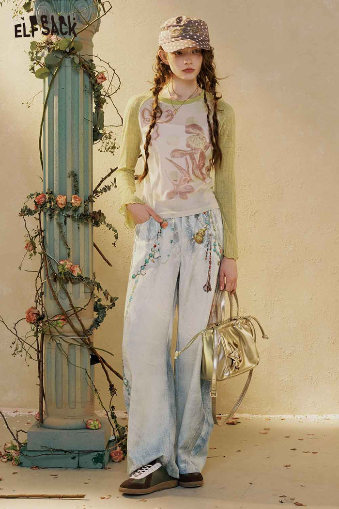 ELFSACK Beaded Print High Waist Wide Leg Jeans