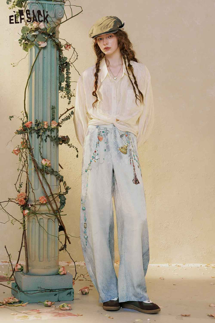 ELFSACK Beaded Print High Waist Wide Leg Jeans