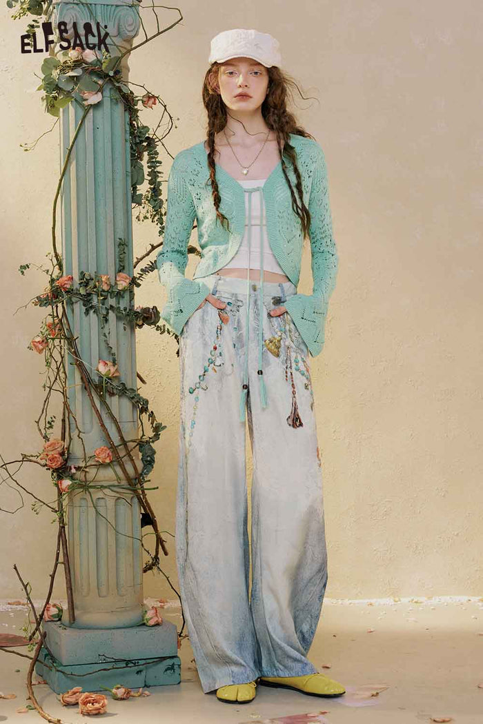 ELFSACK Beaded Print High Waist Wide Leg Jeans