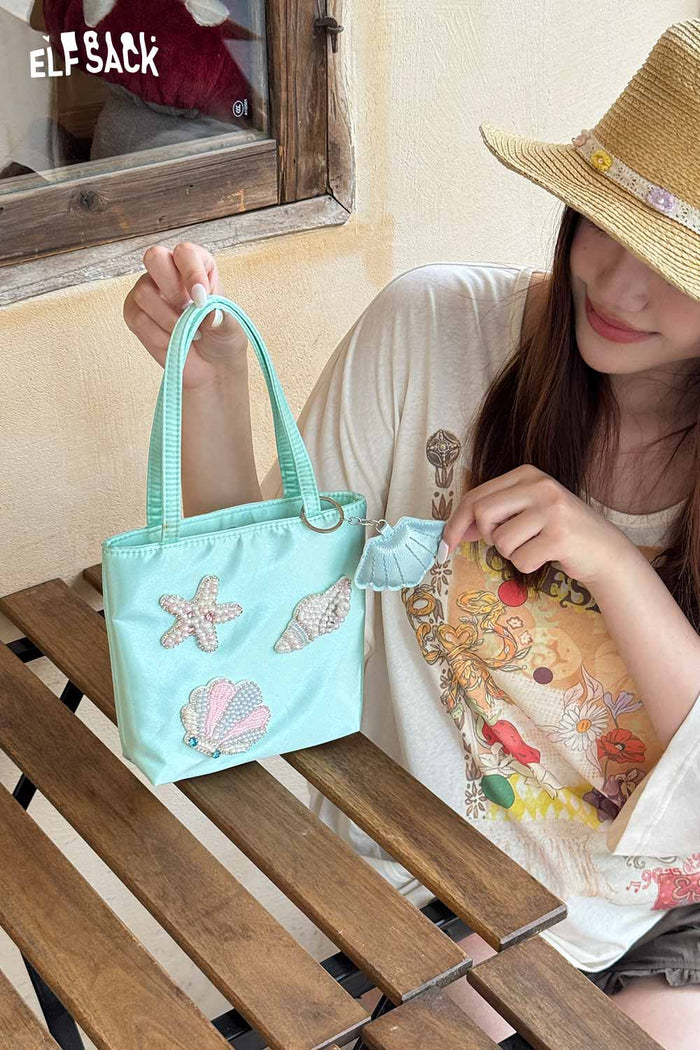 ELFSACK Beaded Starfish Shell Satin Tote Bag
