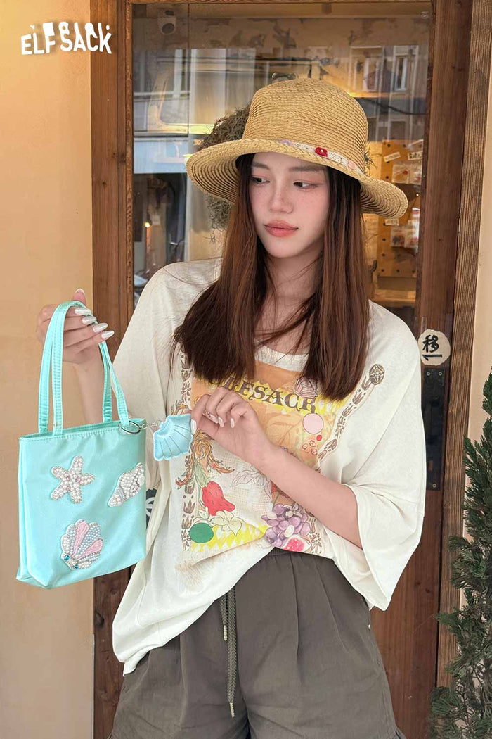 ELFSACK Beaded Starfish Shell Satin Tote Bag