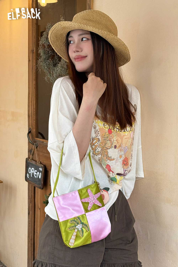 ELFSACK Beaded Starfish Shell Satin Tote Bag