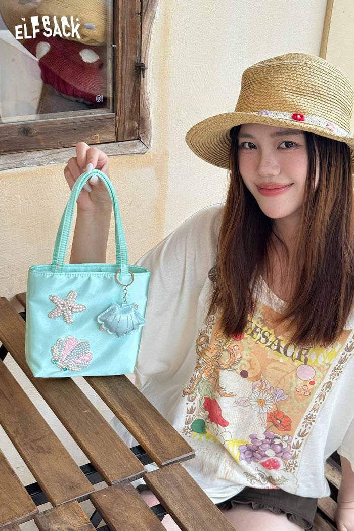 ELFSACK Beaded Starfish Shell Satin Tote Bag