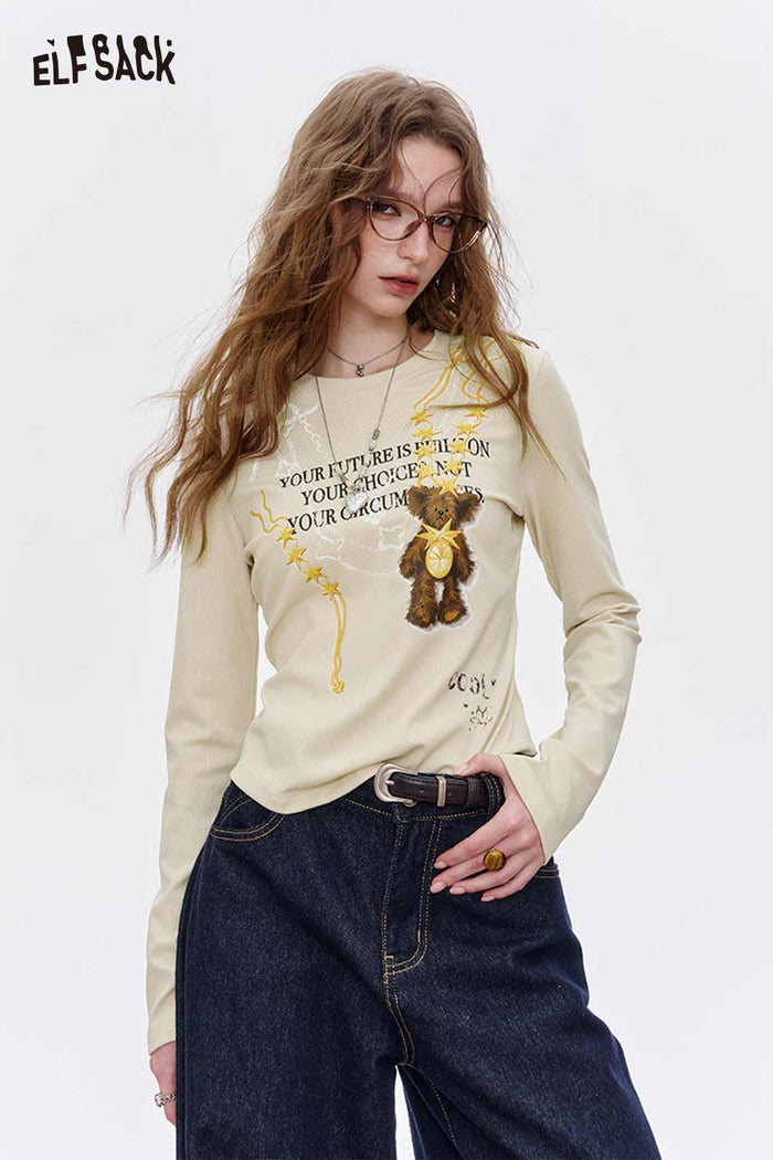 Bear Graphic Crop Long Sleeve Tee