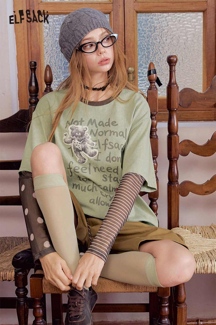 Bear Graphic Fake Two Piece Long Sleeve Tee