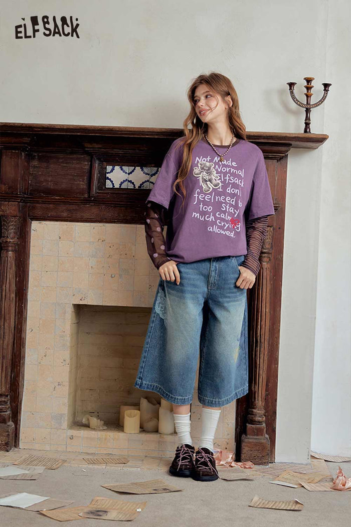Bear Graphic Fake Two Piece Long Sleeve Tee
