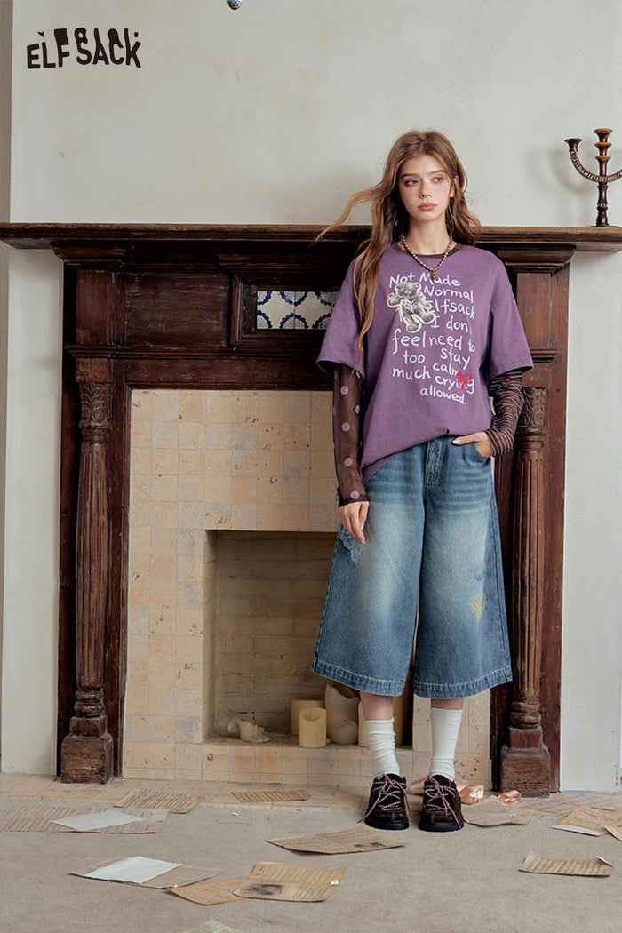 Bear Graphic Fake Two Piece Long Sleeve Tee