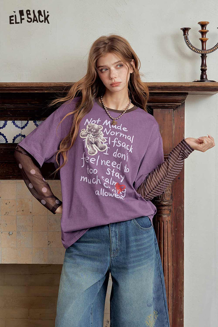 Bear Graphic Fake Two Piece Long Sleeve Tee