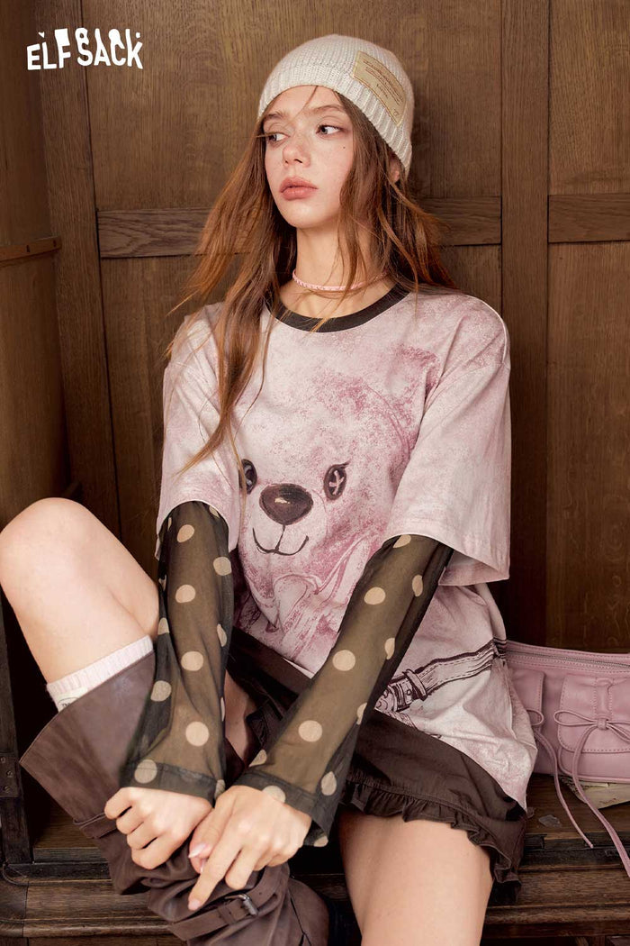 Bear Graphic Fake Two Piece Tee
