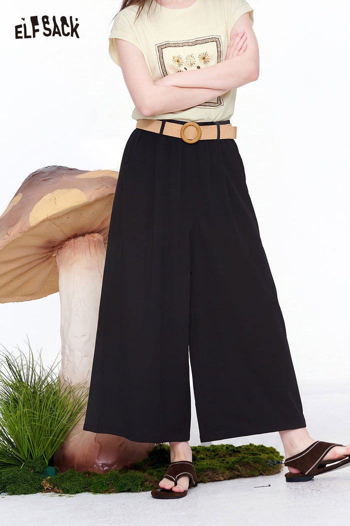 ELFSACK Belted High Waist Linen Wide Leg Pants