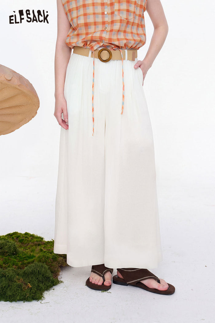 ELFSACK Belted High Waist Linen Wide Leg Pants