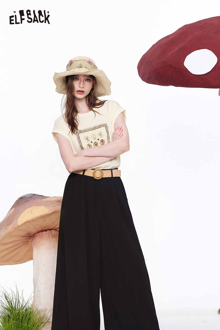 ELFSACK Belted High Waist Linen Wide Leg Pants